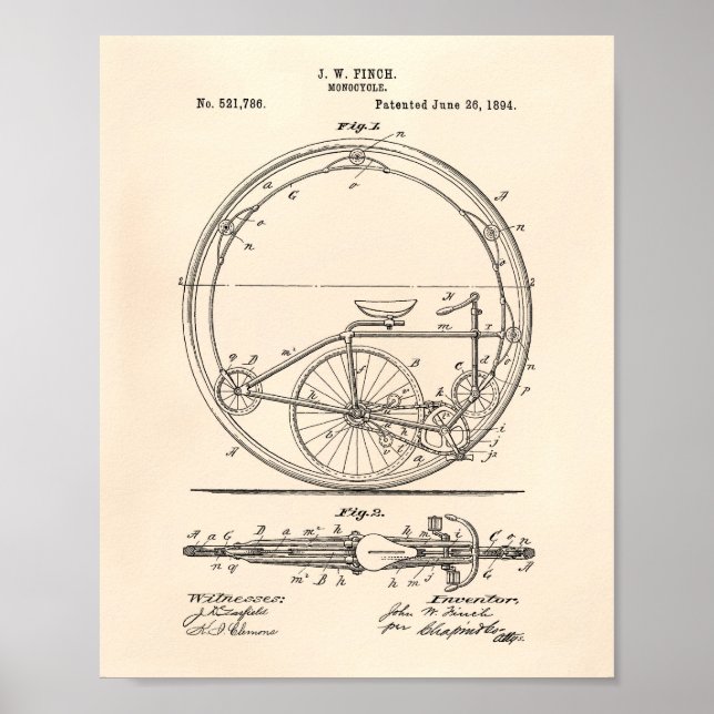 Monocycle 1894 Patent Art Old Peper Poster (Front)