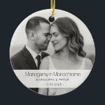 Monogamy in Monochrome – Funny Black-and-White  Ceramic Tree Decoration<br><div class="desc">A witty, gallery-style keepsake for newlyweds and romantics. The headline “Monogamy in Monochrome” sits over a clean name date band while your black-and-white photo fills the ornament edge-to-edge. Minimal, modern, and made for wedding, engagement, or “first Christmas married” memories. Looks great on any tree (or tied to a gift box)....</div>