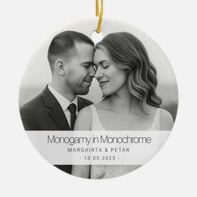 Monogamy in Monochrome – Funny Black-and-White  Ceramic Tree Decoration (Front)