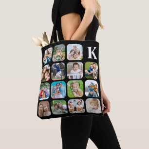 Monogram 15 Rounded Photo Collage Black Tote Bag