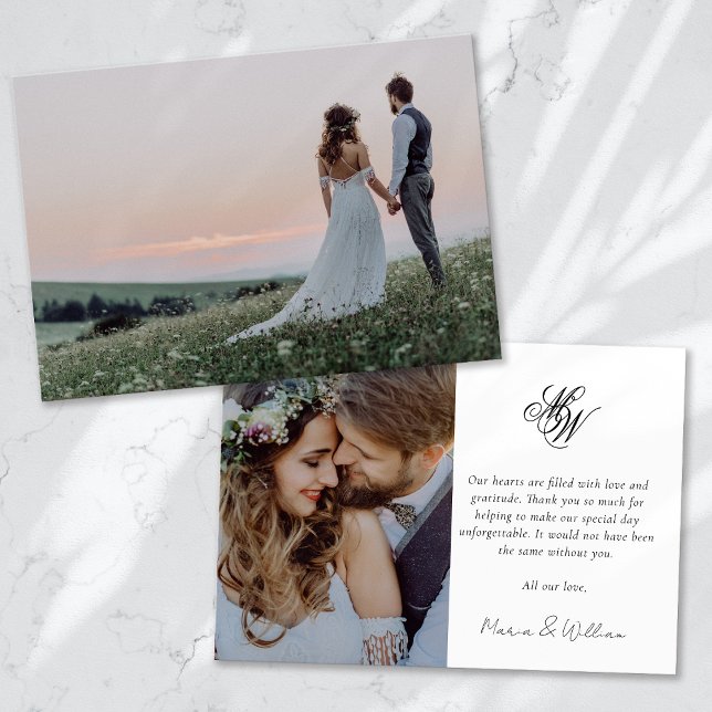 Monogram 2 Photo Calligraphy Wedding Thank You Card (Creator Uploaded)