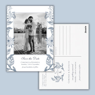 Monogram 2 Photo French Blue Wedding Save The Date Postcard