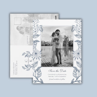 Monogram 2 Photo French Blue Wedding Save The Date Postcard