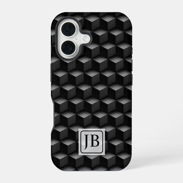 Monogram, 3D Black Geometric Pattern, Modern iPhone 16 Case (Back)
