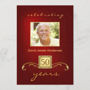 Monogram 50th Birthday Party Red & Gold Invitation