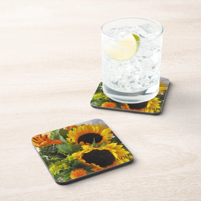 Monogram, (6) Beautiful Sunflowers Print Coaster (Right Side)