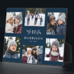 Monogram 6 photo collage family name rustic navy plaque<br><div class="desc">A collage of six photos surrounds a simple initial and rustic branches along with a name and year. Makes a great keepsake gift. Feature highlights of your year,  the best from your family photo shoot,  grandkid images,  wedding photos and more on this navy blue display.</div>