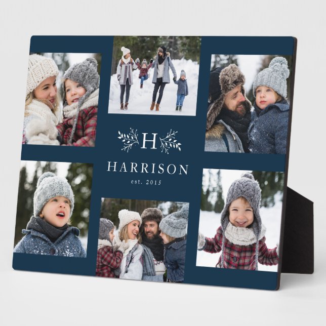 Monogram 6 photo collage family name rustic navy plaque (Side)