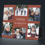 Monogram 6 photo collage family name terracotta plaque<br><div class="desc">A collage of six photos surrounds a simple initial and rustic branches along with a name and year. Makes a great keepsake gift. Feature highlights of your year, the best from your family photo shoot, grandkid images, wedding photos and more. The trendy terracotta background can be changed by clicking "customise...</div>