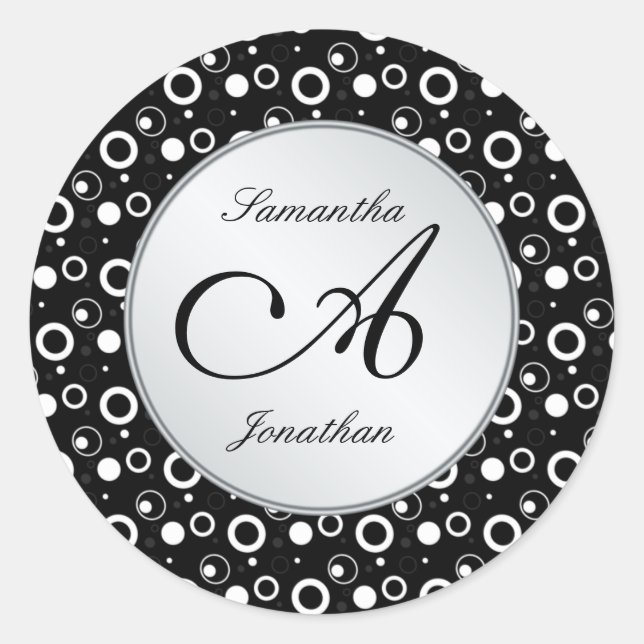 Monogram "A" black white bubbles circles Wedding Classic Round Sticker (Front)