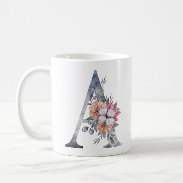Monogram A Floral Blue Watercolor Coffee Mug (Left)