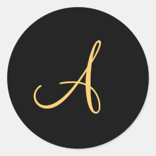Monogram A,  gold coloured initial A on black,  Classic Round Sticker