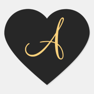 Monogram A,  gold coloured initial A on black, Heart Sticker