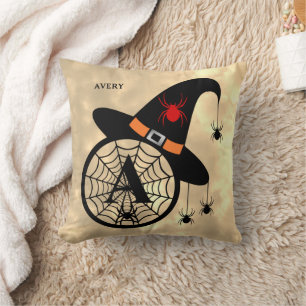 Monogram A Halloween Sky Witch Spiders Name Cushion