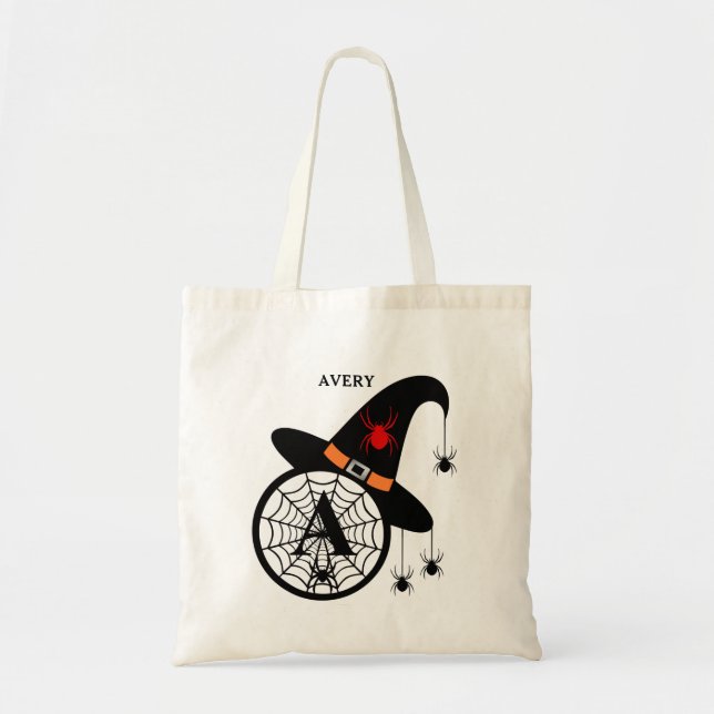 Monogram A Halloween Witch Spiders Your Name Tote Bag (Front)