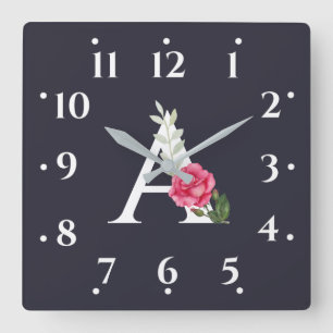 Monogram A in White Pink Rose and Leaves Grey Square Wall Clock