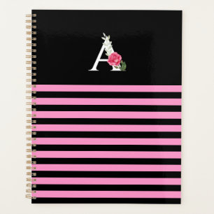 Monogram A in White Pink Rose and Leaves Stripes Planner