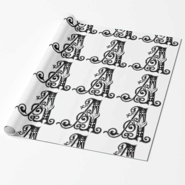 Monogram A Initial Black and White Floral Pattern Wrapping Paper (Unrolled)