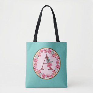 Monogram A Letter with Peony Flower Image Tote Bag