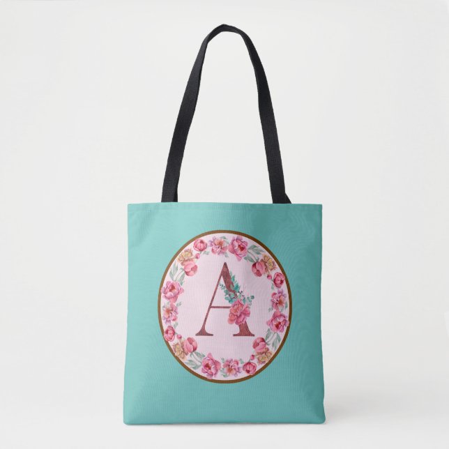 Monogram A Letter with Peony Flower Image Tote Bag (Front)