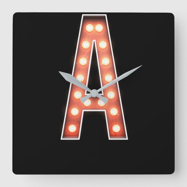 Monogram A Marquee Lights Square Wall Clock (Front)