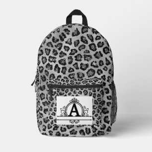 Monogram A on Black and Silver Cheetah Print Printed Backpack