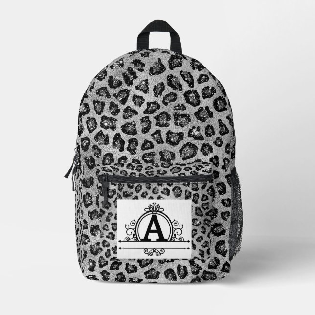 Monogram A on Black and Silver Cheetah Print Printed Backpack (Front)