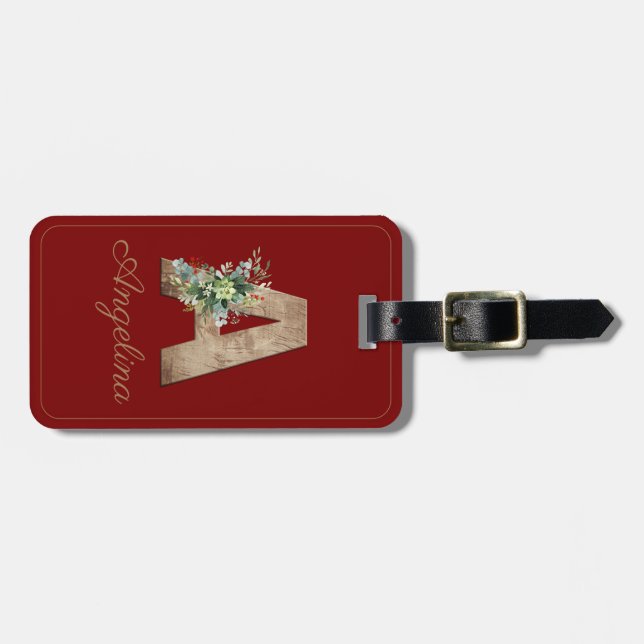 Monogram A wood letter red flower Luggage Tag (Front Horizontal)