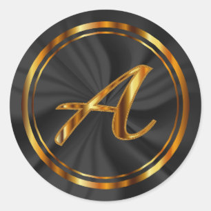 Monogram  A-Z - Metallic Gold on Black Satin Classic Round Sticker
