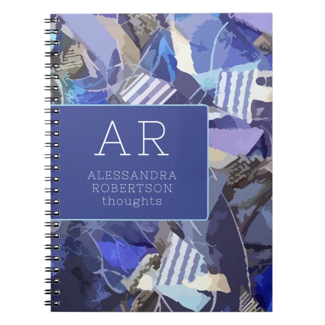 Monogram abstract blue navy purple white stripes  notebook (Front)