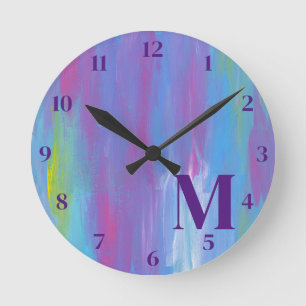 Monogram Abstract Blur Purple Green White Round Clock