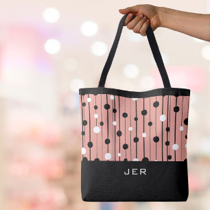 Monogram Abstract Circles Lines Black White Pink Tote Bag