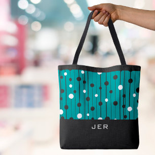 Monogram Abstract Circles Lines Black White Teal Tote Bag