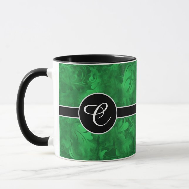 Monogram Abstract Emerald Green Feather Pattern Mug (Left)