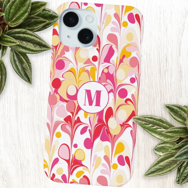 Monogram Abstract Pattern Pink Marble Retro iPhone 15 Case (Monogram initial retro marble pink red yellow cell phone case)