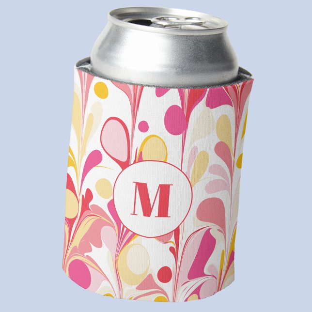 Monogram Abstract Summer Pink Marbled Can Cooler (Monogram initial personalized fun retro marbling pink orange white cream can cooler)