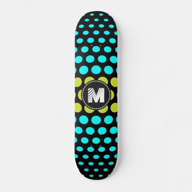Monogram Acid green & Aqua Polka Dots Pattern Skateboard (Front)
