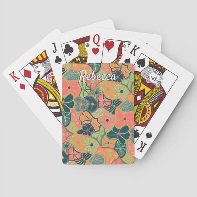 Monogram Add Name Retro Funky Colourful Flower Pla Playing Cards (Back)