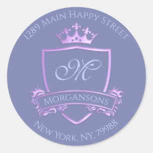 Monogram Address Crown Royal Princess Blue Purple Classic Round Sticker