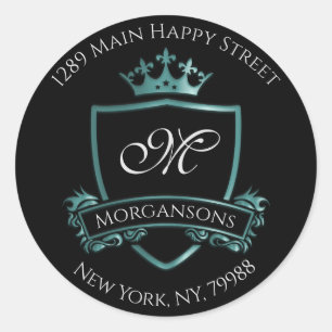 Monogram Address Crown Royal Princess Teal RSVP Classic Round Sticker