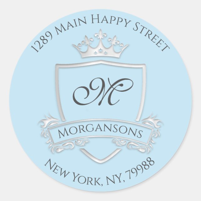 Monogram Address Crown Royal Silver Grey Classic Round Sticker (Front)
