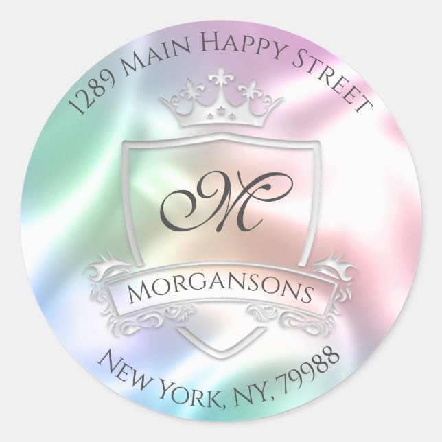 Monogram Address Crown Royal Silver Holographic Classic Round Sticker (Front)