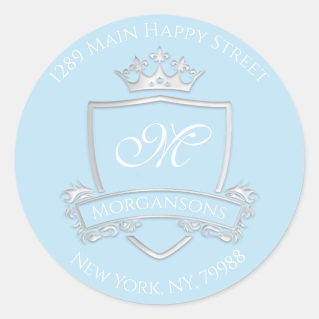 Monogram Address Crown Royal Silver Ocean RSVP Classic Round Sticker (Front)