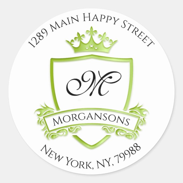 Monogram Address Crown Royal White Green RSVP Classic Round Sticker (Front)