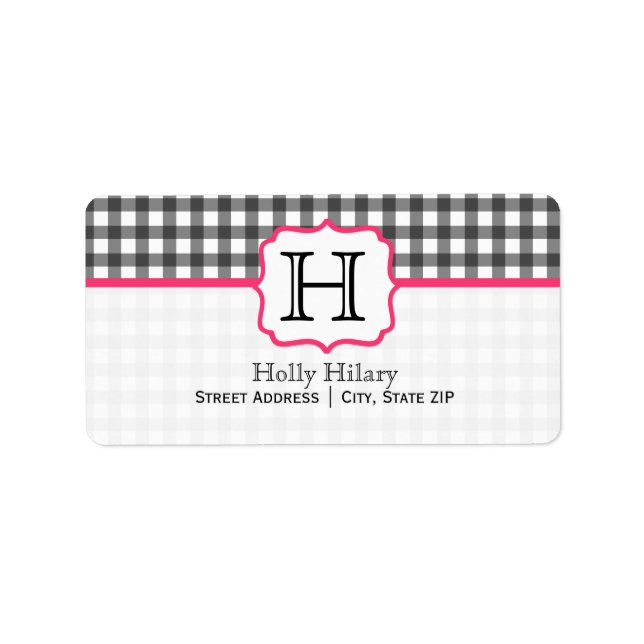 Monogram Address Label - Grey Gingham and Pink (Front)