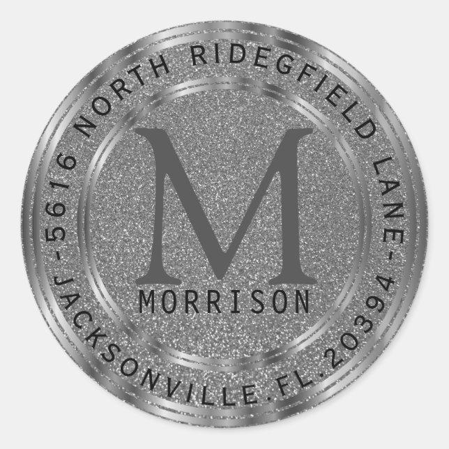 Monogram Address Label in Silver Glitter (Front)
