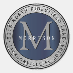 Monogram Address Label in Silver Glitter / Blue