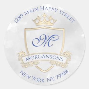 Monogram Address Name Crown Royal Gold Grey Grey Classic Round Sticker