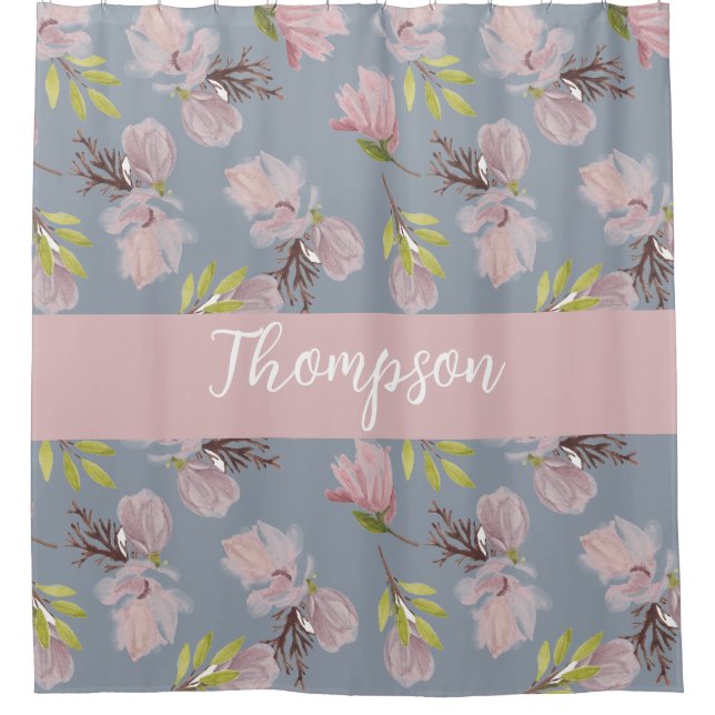 Monogram adorable colours floral blue and pink shower curtain (Front)