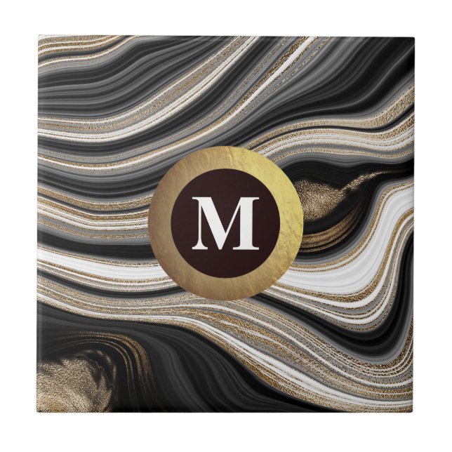 Monogram Agate Black white gold  Tile (Front)